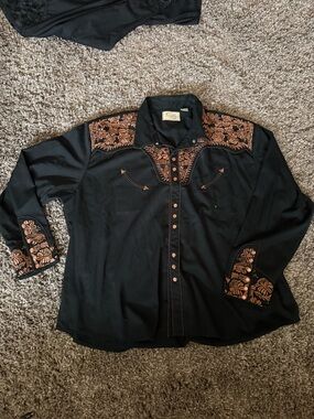 Scully Black Shirt with Brown Embroidered Yoke